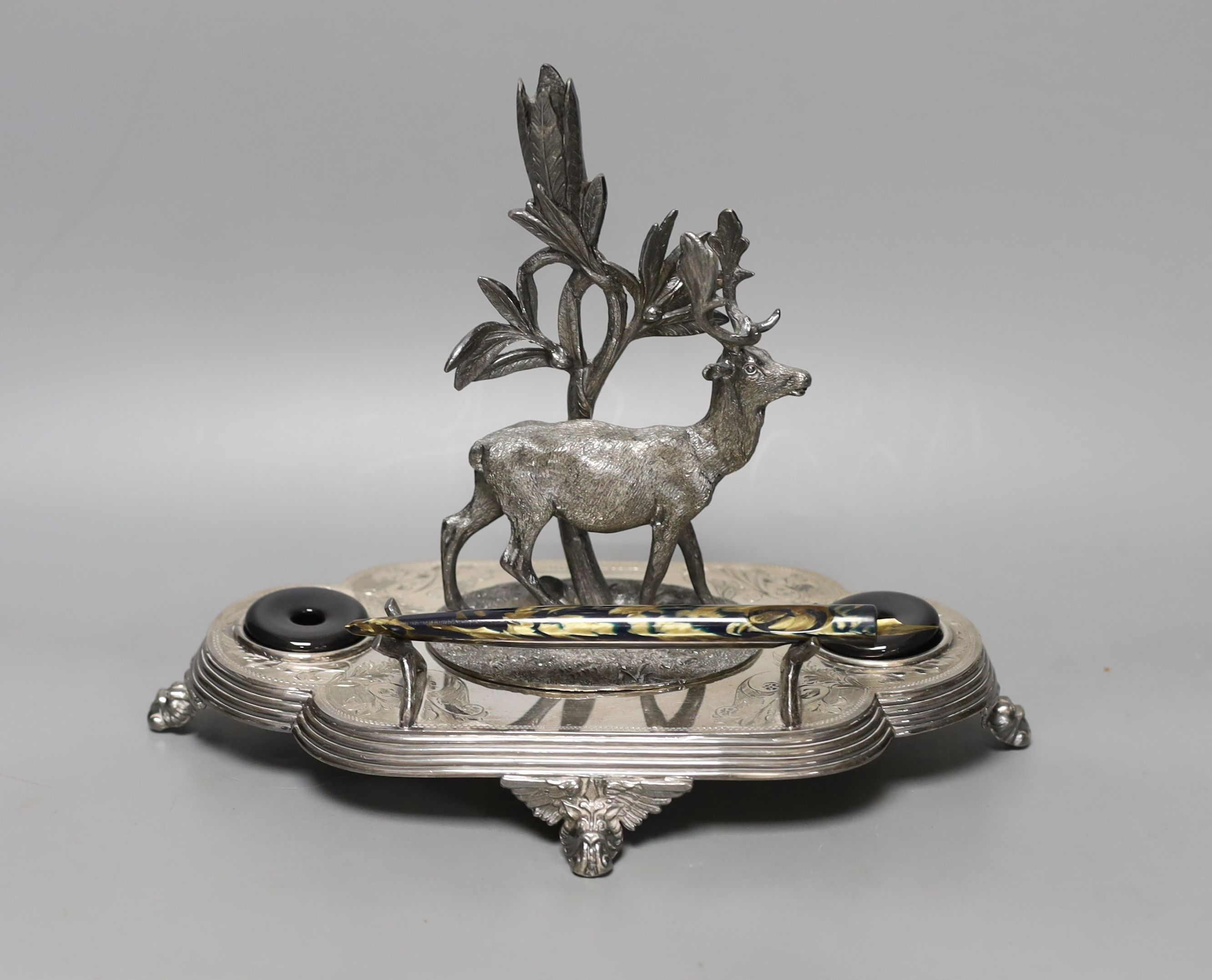 A Victorian plated ‘stag’ desk inkstand - 22cm tall